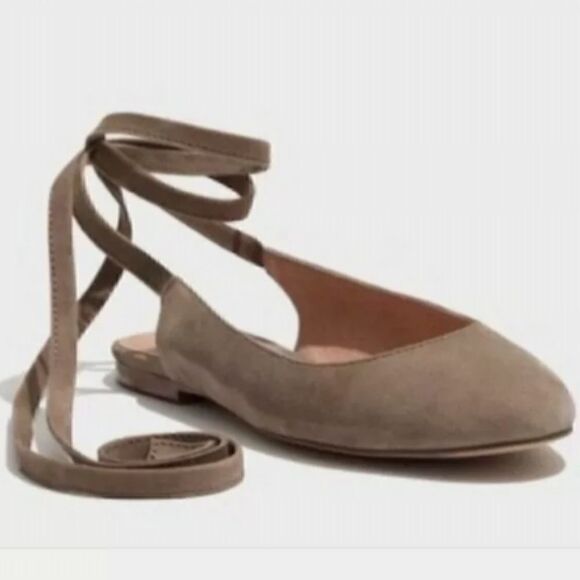 Madewell Women's April Ankle Wrap Flat Suede Leather Taupe Lace Up Flats Us9,5 - Picture 1 of 14